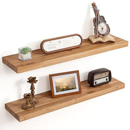 Floating Shelves for Wall, 8" Deep Elm Wood Shelves, 32in Set of 2, Natural - color: Natural, size: Flat Edge, 32inch, 2Packs