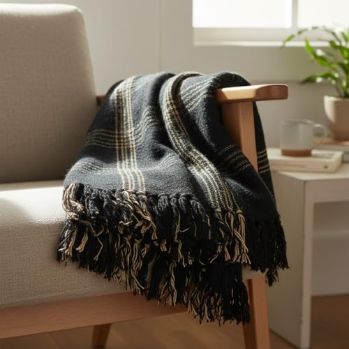 Plaid Black & Tan Fringed Woven Cotton Blend Throw - color: Black, size: One Size