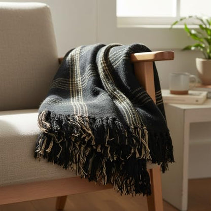 Plaid Black & Tan Fringed Woven Cotton Blend Throw - color: Black, size: One Size