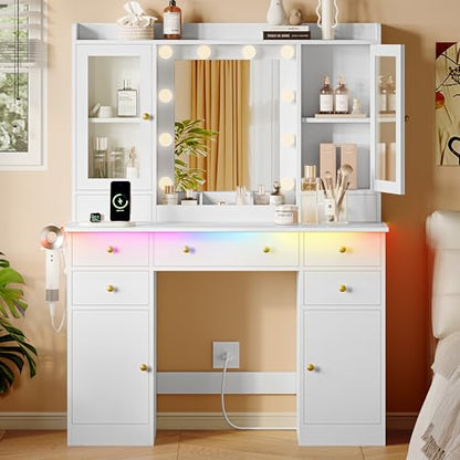 Xixini 44" Vanity Desk with Mirror & Lights, Glass Storage Cabinets, White - color: White
