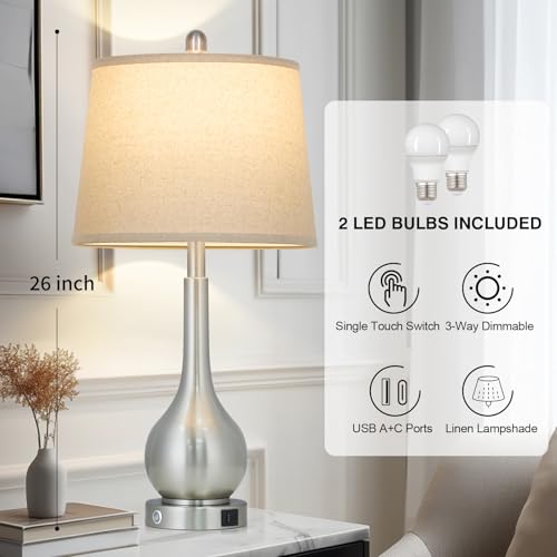 Rinweey 26" Silver Table Lamps Set of 2 for Living Room, Touch Control Bedside Lamp with USB Charging Ports, 3-Way Dimmable Brushed Nickel Bedroom Lamps for Nightstand (2 LED Bulbs Included) - color: Silver (2 Pack)