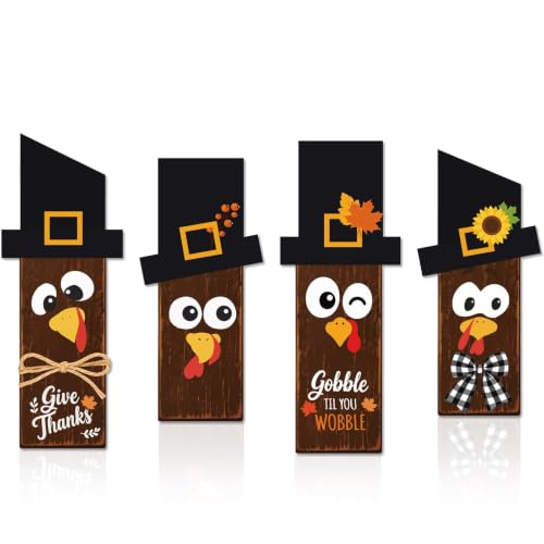 4Pcs Thanksgiving Wooden Turkey Table Centerpieces Fall Harvest Decorations