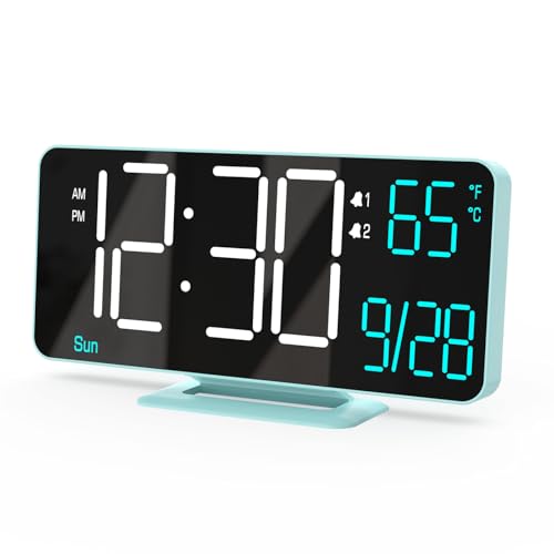 KOSUMOSU Digital Alarm Clock, 6.7in Digital Clock for Bedroom, Auto Dimming, Room Temperature, Day of The Week, Seconds, Date, Desk Clocks for Living Room, Alarm Clocks for Bedrooms - color: Blue (White + Blue Digits)
