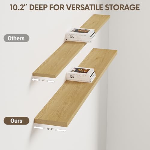 Vivelove 10 Inch Deep Floating Shelves for Wall 55” Set of 2, Oak - color: Oak, size: 55”wx10.2”dx1.5”h