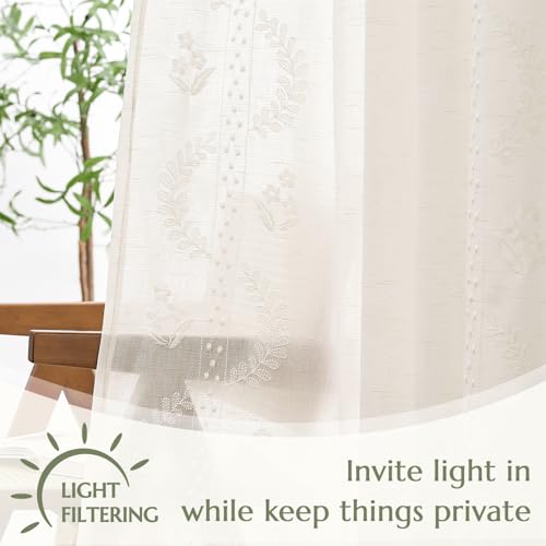 jinchan Floral Linen Curtains 84 Inch Farmhouse Back Tab 2 Panels - color: Off White, size: 50"W x 84"L (Pack of 2)
