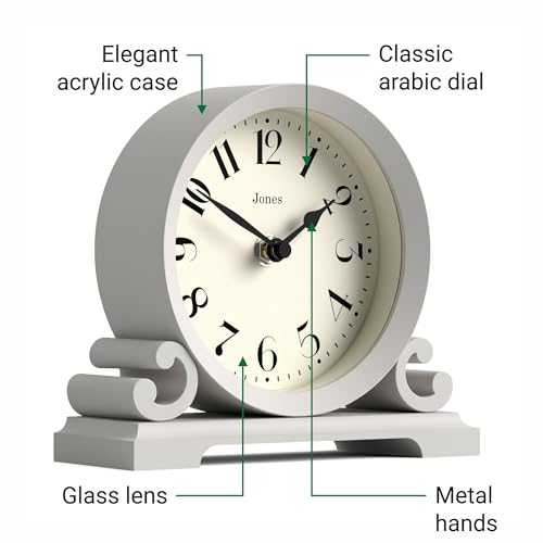 JONES CLOCKS® Saloon Mantel Clock | Small Traditional Double Scroll Design | Gray | Contemporary Classic Style for Desk, Table, Shelf or Bedside - color: Cloud Grey