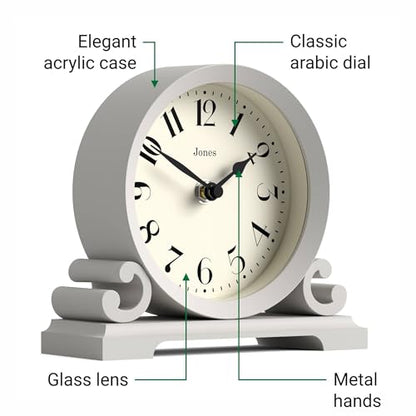 JONES CLOCKS® Saloon Mantel Clock | Small Traditional Double Scroll Design | Gray | Contemporary Classic Style for Desk, Table, Shelf or Bedside - color: Cloud Grey