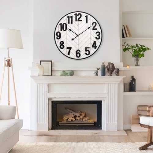 24 Inch Large Wall Clock, Rustic Wooden Farmhouse Wall Clock with Black Metal Frame, Battery Operated Non-Ticking Silent Wall Clocks for Living Room, Kitchen, Bedroom (Whitewashed) - color: Whitewashed, size: 24 Inches