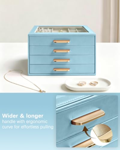 Homeanda Jewelry Boxes Organizer with Glass Lid, 4-Layer PU Leather, Blue - color: Smoky Blue, size: 4 Layer