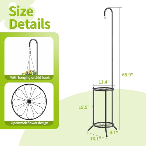BMOSU Plant Stand with Hooks Indoor Outdoor Corner Tall Plant Stand Heavy-Duty Metal 3-Tier Plant Shelf Holder Rack for Patio Garden Balcony Living Room Bedroom(semicircular Black)