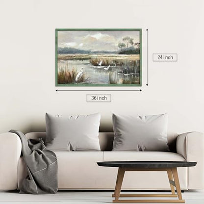 HILL WEST Rustic Landscape Painting Lake Bird Framed Wall Art, 36x24inch - color: Bird, size: 36"L x 24"W