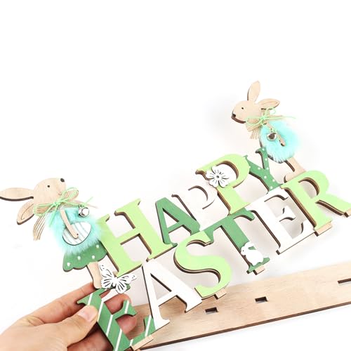Easter Wooden Bunny Table Decorations Cute Easter Rabbit Tiered Tray Decor Rustic Bunny Table Centerpiece Sign for Spring Home, Farmhouse Tabletop Ornament(Green)