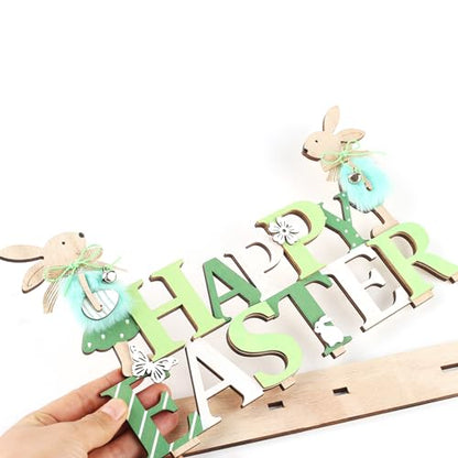 Easter Wooden Bunny Table Decorations Cute Easter Rabbit Tiered Tray Decor Rustic Bunny Table Centerpiece Sign for Spring Home, Farmhouse Tabletop Ornament(Green)
