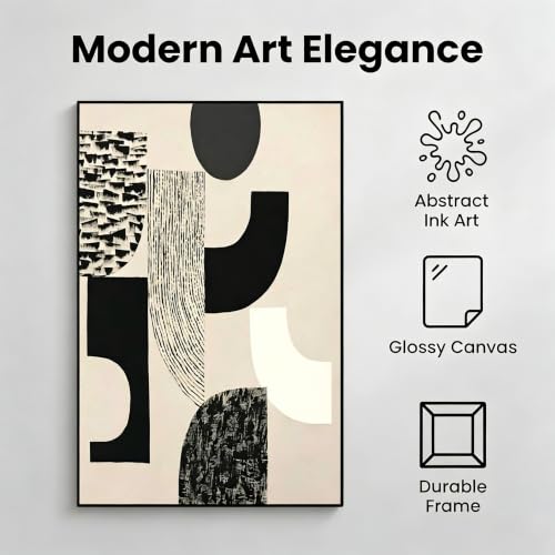 QKF Wabi Sabi Abstract 3D Texture Black Aluminum Frame Canvas Wall Art - color: Beige & Charcoal