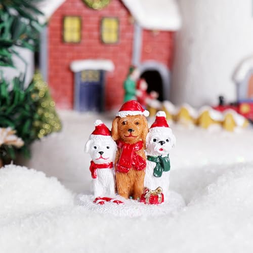 Christmas Village Accessories Three Dogs Ornament with Santa Hat Funny Gift - color: White and Brown