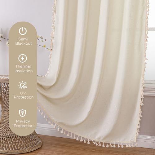 Joydeco Linen Beige Boho Curtains 90 Inch, 2 Panels with Tassels - color: Beige, size: 52"W x 90"L (Pack of 2)