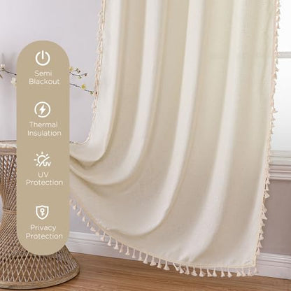 Joydeco Linen Beige Boho Curtains 90 Inch, 2 Panels with Tassels - color: Beige, size: 52"W x 90"L (Pack of 2)