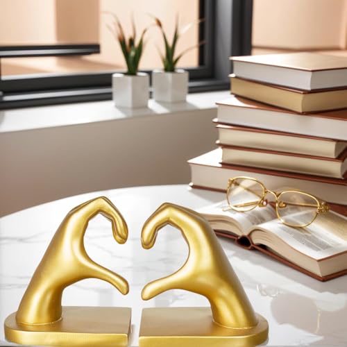 2Pcs Gold Heart Hands Book Ends, Non-Slip Heavy Duty Bookends for Shelves