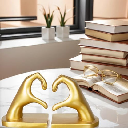 2Pcs Gold Heart Hands Book Ends, Non-Slip Heavy Duty Bookends for Shelves