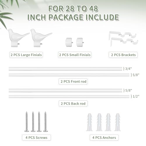 3/4" Diameter Farmhouse Double Window Treatment Curtain Rod, Bird Finials (28"-48", Glossy White) - color: Glossy White, size: 28"-48"