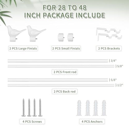 3/4" Diameter Farmhouse Double Window Treatment Curtain Rod, Bird Finials (28"-48", Glossy White) - color: Glossy White, size: 28"-48"