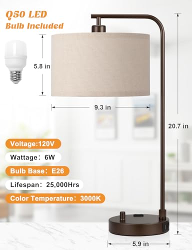 20.7" Tall Table Lamp with USB & Outlet, Fully Dimmable Nightstand Lamp - color: E-Beige Shade & Brown Base
