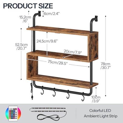 HOOBRO Floating Shelves with LED Lights, 29.5" LED Wall Mounted Shelf - color: Rustic Brown + Black