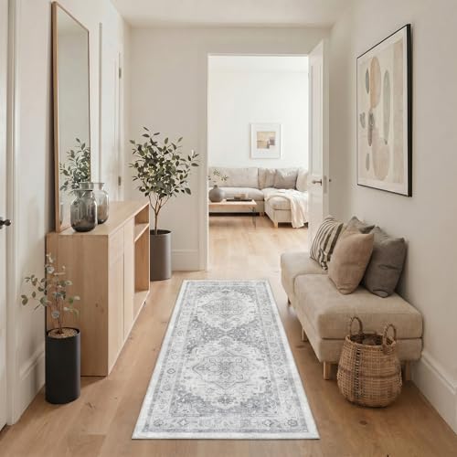 GENIMO 2X5 Washable Runner Rug for Kitchen, Boho Medallion Non Slip - color: Dove Gray, size: 2' x 5' (Rectangular)