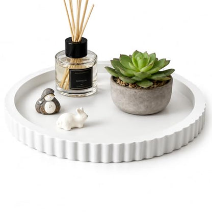 White Round Wood Tray, 11 in Fluted Vanity Tray - color: White