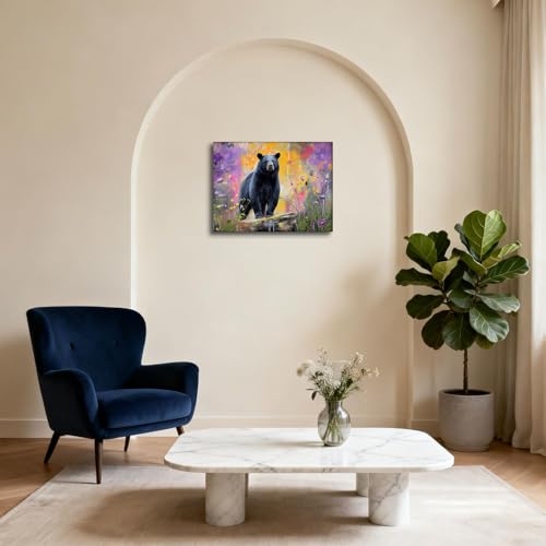 Halioyo Black Bear Canvas Wall Art, Wildflower Bear Print(12x16 in) - color: Painting-09, size: 16"L x 12"W