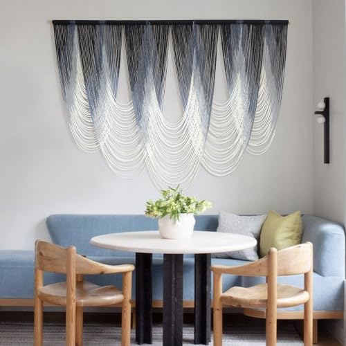 Macrame Wall Hanging Dip-Dyed Navy Blue Boho Wall Art Yarn 57" W*41" L - color: Navy Blue