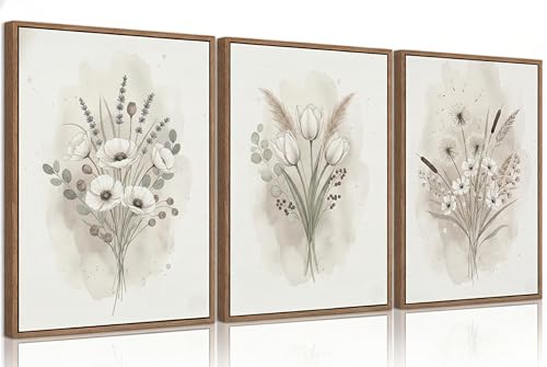 Framed Neutral Floral Wall Art Set of 3, Vintage Botanical Wildflower Canvas Artwork Prints Rustic Beige Farmhouse Paintings Pictures for Living Room Bedroom, Wooden Frame Wall Decor - size: 24L''x16W'' Framed