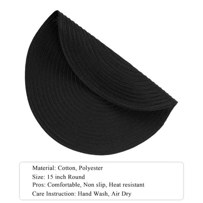 SHACOS Round Braided Placemats Set of 4 Heavy Cotton Polyester Washable Round Table Mats for Dining Tables 15 inch Non Slip Heat Resistant (Black, 4) - color: Black, size: Set of 4