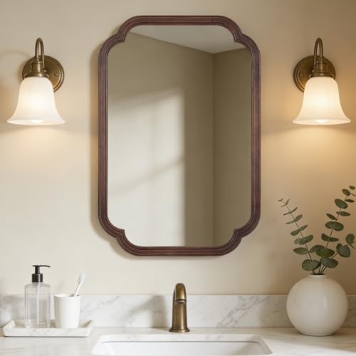 WallBeyond 20" x 30" Rounded Corner Arch Wall Mirror with Wood Frame for Entryway, Living Room or Bedroom Home Decor - Light Woodgrain [20" x 30" Walnut] - color: Walnut a, size: 30"L x 20"W