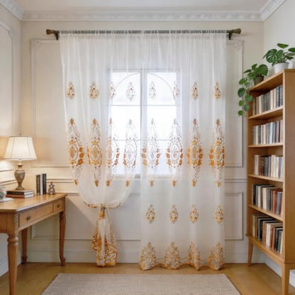 Amidoudou Rod Pocket Curtains European Luxury Sheer Embroidered Window Screening for Living Room Bedroom Tulle Curtains (Gold,52" W x 96" L (Pack of 2)) - color: Gold, size: 52"W x 96"L (Pack of 2)