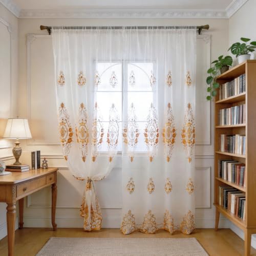 Amidoudou Rod Pocket Curtains European Luxury Sheer Embroidered Window Screening for Living Room Bedroom Tulle Curtains (Gold,52" W x 90" L (Pack of 2)) - color: Gold, size: 52"W x 90"L (Pack of 2)