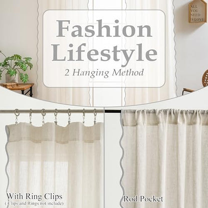 DriftAway Semi Sheer Scalloped Edge Linen Coastal Beach Window Curtains for Living Room Bedroom 2 Panels Rod Pocket Each Size 52 Inch by 90 Inch Gray - color: Linen Gray, size: 52"W x 90"L (Pack of 2)