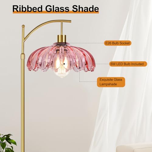 QIYIZM Pink Floor Lamp for Living Room,Bedroom,Gold Dimmable Standing Lamp with Remote,Mid Century Modern Brass Tall Lamp Boho Floor Lamps Arc Stained Glass Flower Floor Light Lamp Girls kids Bohemian - size: Floor Lamp--4