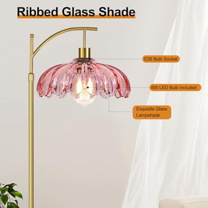 QIYIZM Pink Floor Lamp for Living Room,Bedroom,Gold Dimmable Standing Lamp with Remote,Mid Century Modern Brass Tall Lamp Boho Floor Lamps Arc Stained Glass Flower Floor Light Lamp Girls kids Bohemian - size: Floor Lamp--4