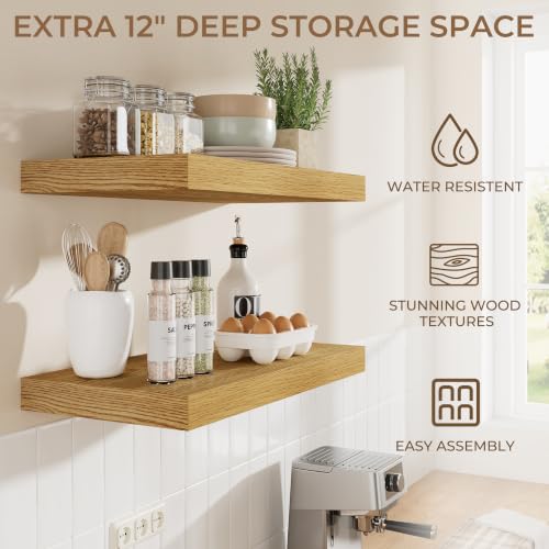RICHFOCUS 72Inch Floating Shelves for Wall 2Pack|Oak|12" Deep - color: Oak, size: 72"L x 11.6"D, Set of 2