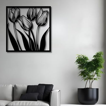 Metal Wall Decor | 17'' x 17'' x 0.05'' Tulips Art Themed Wall Decorations | Handmade Indoor and Outdoor Wall Art (17'' x 17'', Tulips, Black) - size: 17'' x 17'', style: Tulips