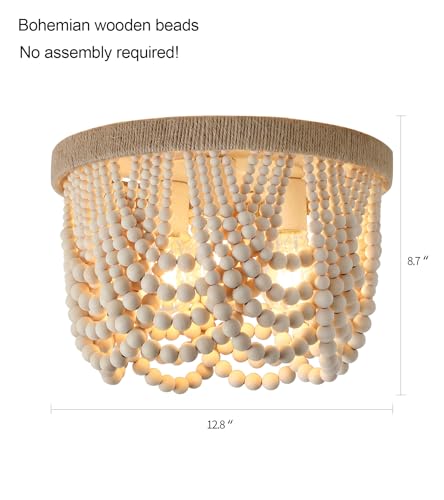 AMZASA Wood Beaded Flush Mount Ceiling Light Farmhouse Rustic Small Boho Chandelier Light Fixture for Bedroom Hallway Entryway Closet Kitchen Dining Room Living Room Nursery 3-Lights - color: Hemp Rope Ceiling Light