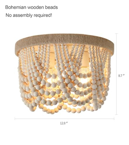 AMZASA Wood Beaded Flush Mount Ceiling Light Farmhouse Rustic Small Boho Chandelier Light Fixture for Bedroom Hallway Entryway Closet Kitchen Dining Room Living Room Nursery 3-Lights - color: Hemp Rope Ceiling Light