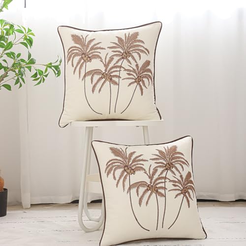 Embroidered Pillow Covers 18x18 Brown Coconut Trees Fall Decor - color: Brown Coconut Palm Trees