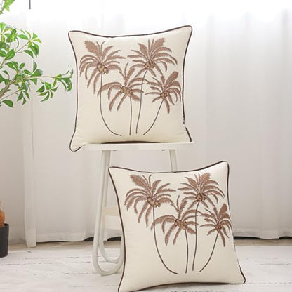 Embroidered Pillow Covers 18x18 Brown Coconut Trees Fall Decor - color: Brown Coconut Palm Trees