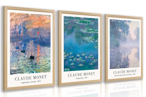 LLEEMPI Claude Monet Water Lilies Wall Art Set of 3, 16x24 Framed Prints - color: MonetWaterLily(Wood), size: 24"L x 16"W