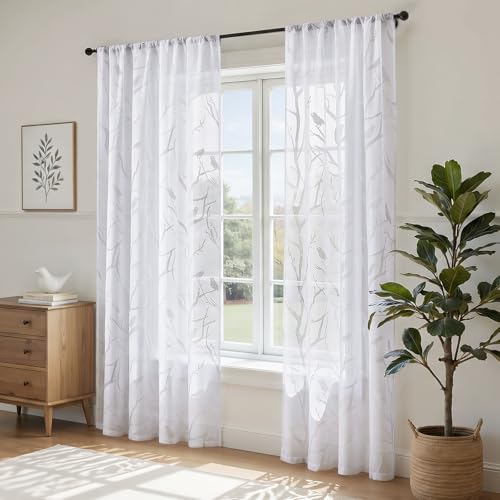HOMEIDEAS White Semi Sheer Curtains 84 Inches Long,Birds on Branch,2 Panels - color: White - Birds on Branch, size: 52"W x 84"L (Pack of 2)