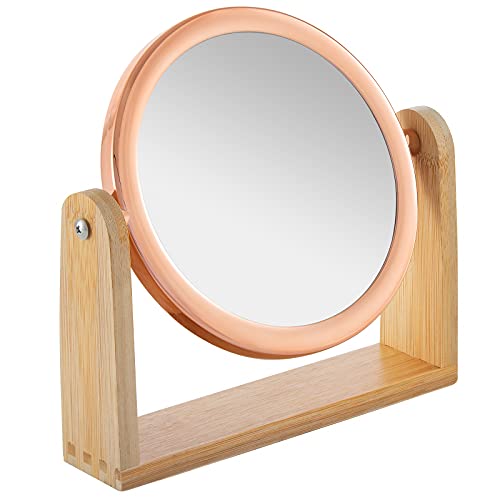 YEAKE Double Sided 10X Magnifying Makeup Mirror with Bamboo Stand,Small Desk Table Mirror with 360° Rotation,Standing Portable Cosmetic Mirror,Good for Shaving,Traveling(Rose Gold,Round) - color: Rose Gold-round (1x,10x)