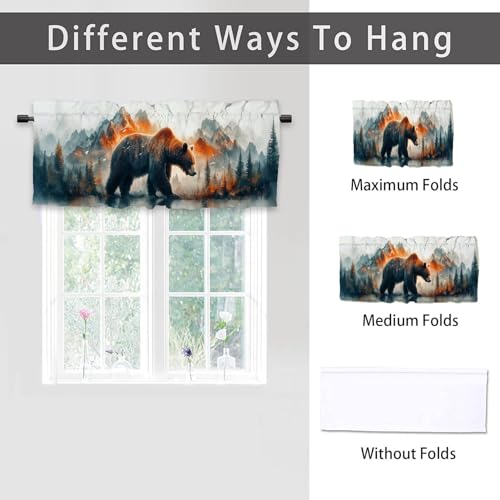 Brown Bear Kitchen Curtains 2 Pack Mountains Trees Oil Painting Kitchen Curtains Room Darkening Curtains Rod Pocket Window Treatment Valances 54x18 inch - color: Brown Bear