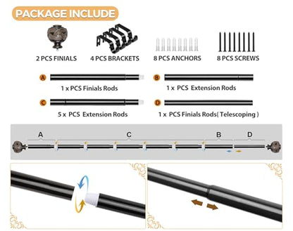 USFOOK Curtain Rods for Windows 66 to 120 Inch, Black, Leaf Finials - color: Black, size: 66-120"